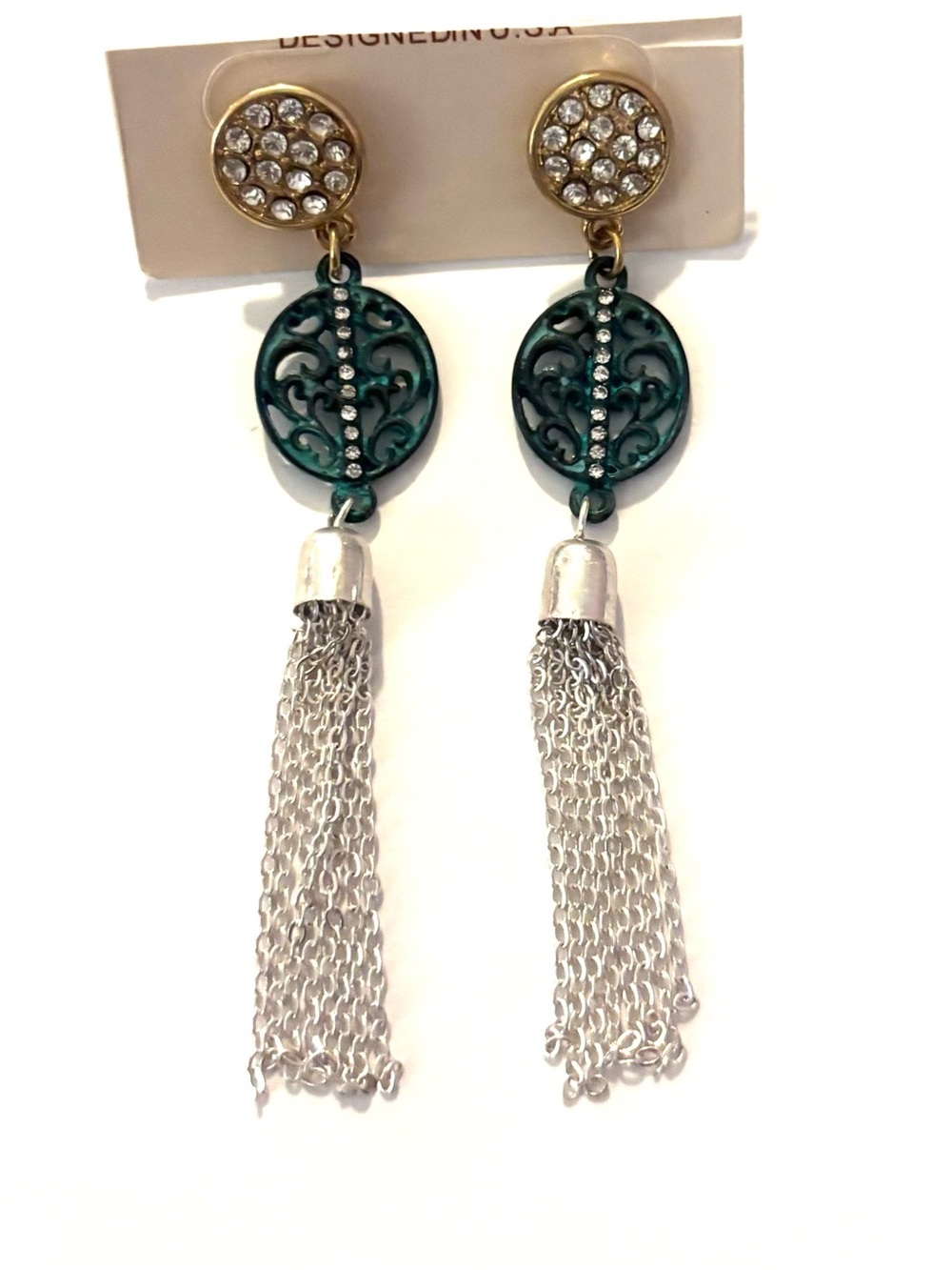 Crystal-Top Green Filigree Drop Tassel Earrings - Designer